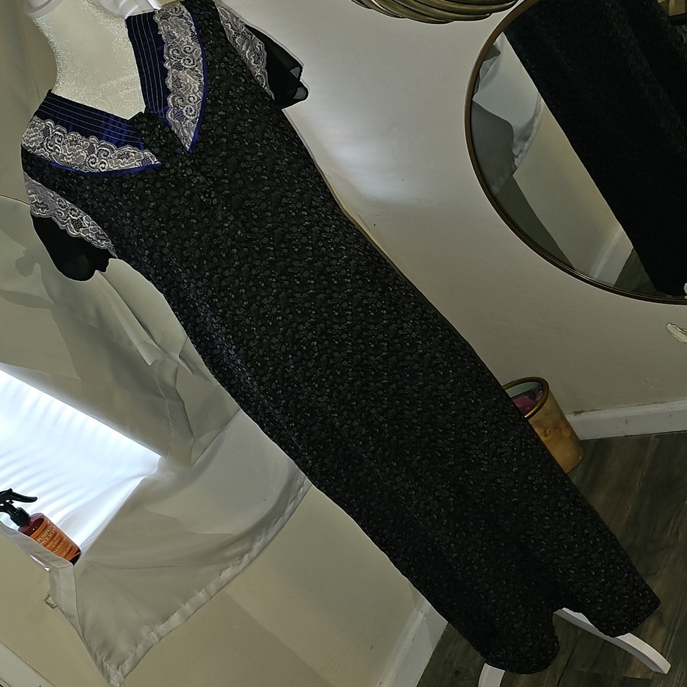 Comfort Night Wear Floral Lace Trim Women's Nightgown Black and Blue Pj Maxi